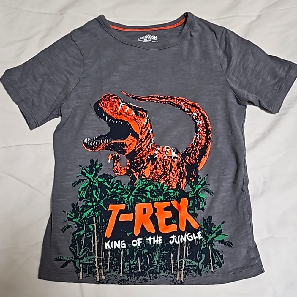 Osh Kosh Boys Sz 7 T-Rex Dinosaur T-Shirt Gray Crewneck Tee